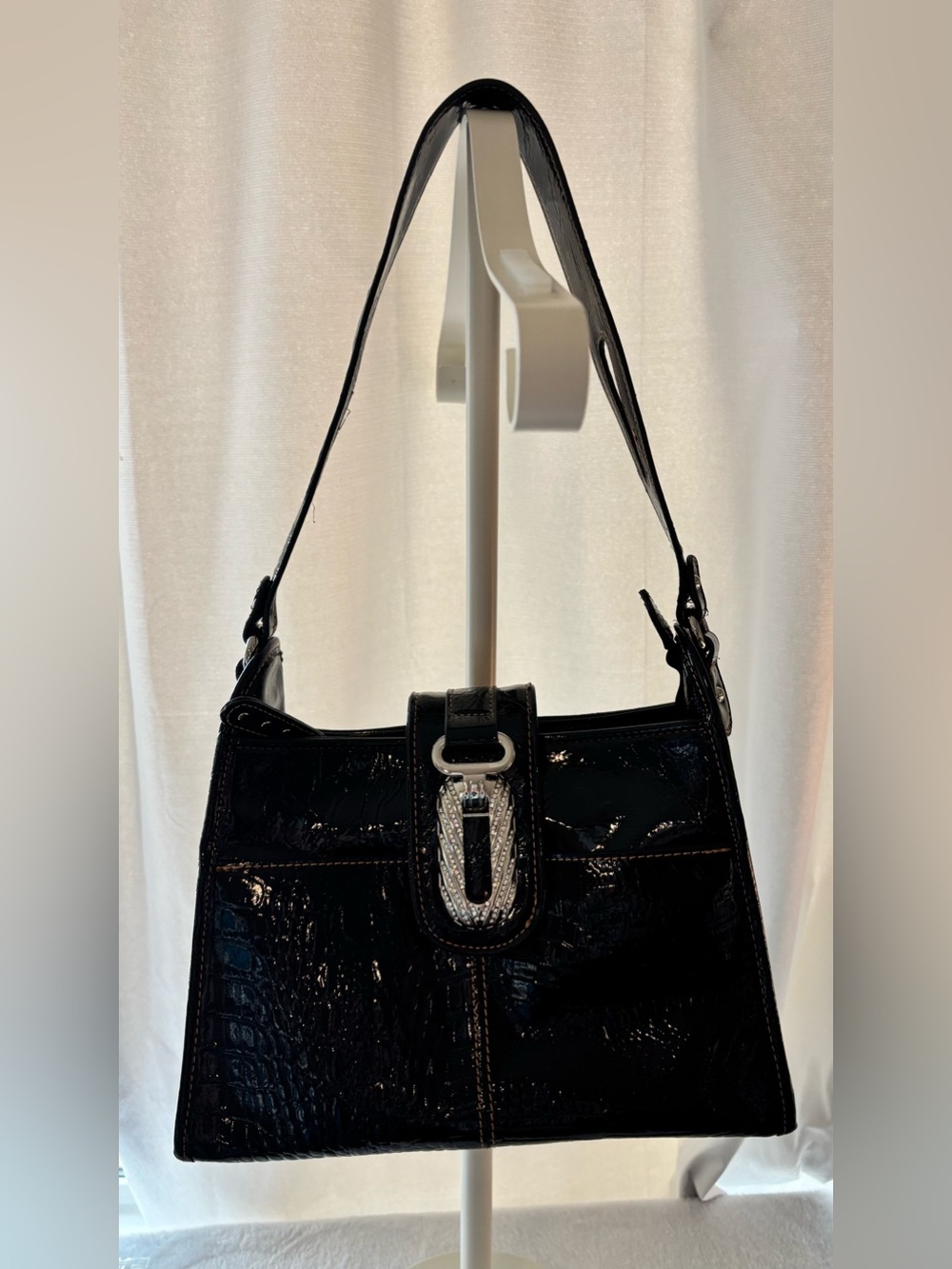 Patent Black Shoulder Bag with Silver-Tone Buckle